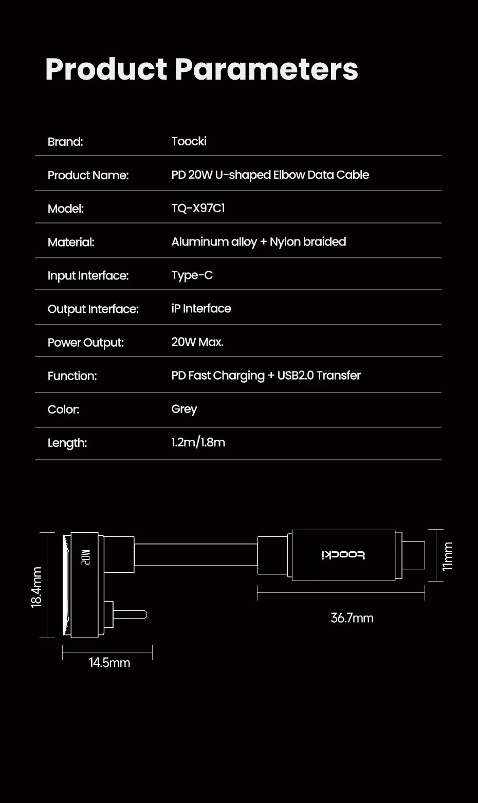 Toocki X97C1 PD20W Fast Charging iP Cable for iPhone 14 USB C to Elbow U-shaped Lighting Cable without Blocking Hands for Gaming