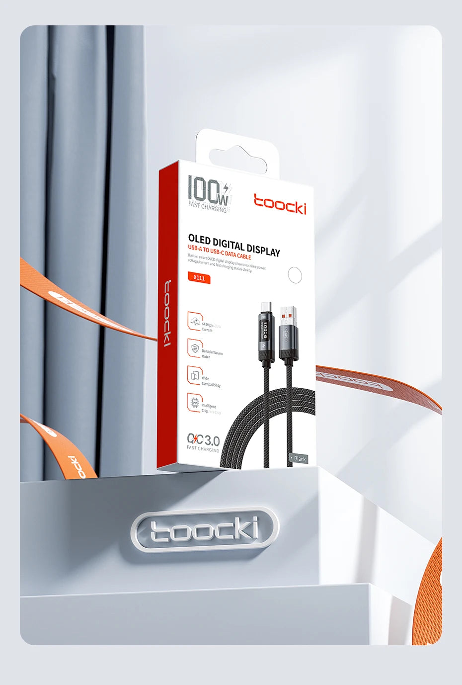 Toocki PD 100W USB C Cable 6A Fast Charging OLED Digital Display Cable For Huawei P70 60 Mate 70 60 Honor Xiaomi iPhone 17 16Pro