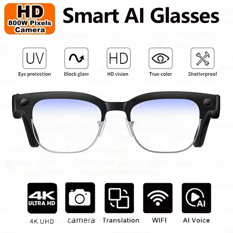 2026 New AI Smart Glasses 4K 8MP HD Camera Video 1080P 100+ Languages Translation WiFi Sunglasses Bluetooth Call Music Men Women