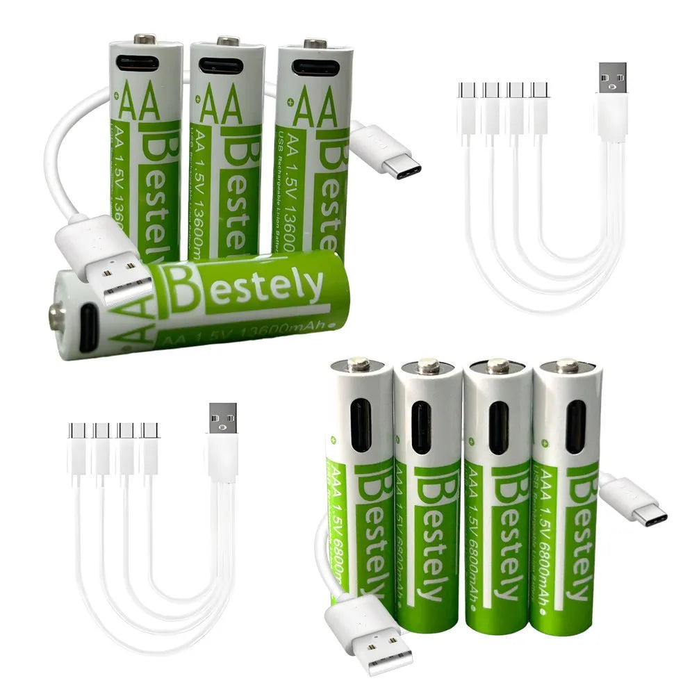 Rechargeable AA Battery13600mAh & AAA Battery 6800mAh,Li-ion Batteries with USB Type C Cables,1.5V Long Life Low Self-discharge