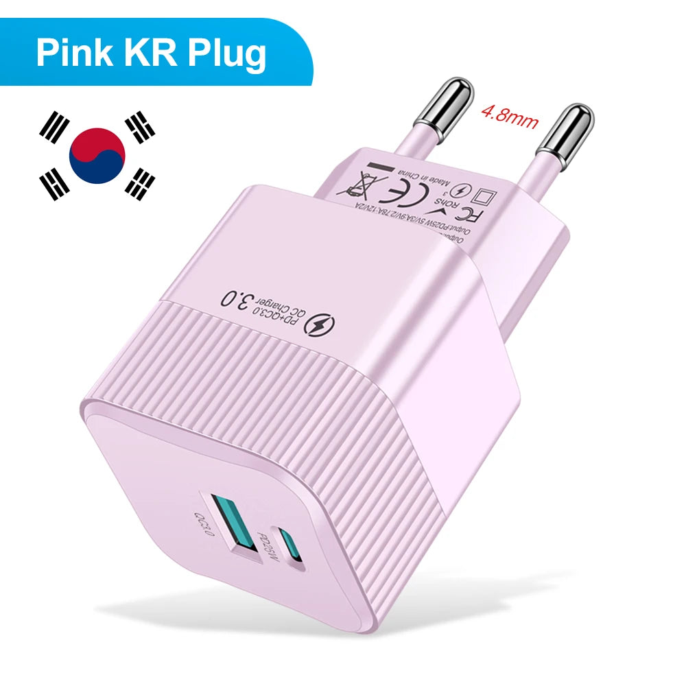 2 Ports PD 25W USB C Fast Charger KR EU Mini Travel Plug Phone Fast Charging Adapter for iPhone 15 Pro Max Oneplus