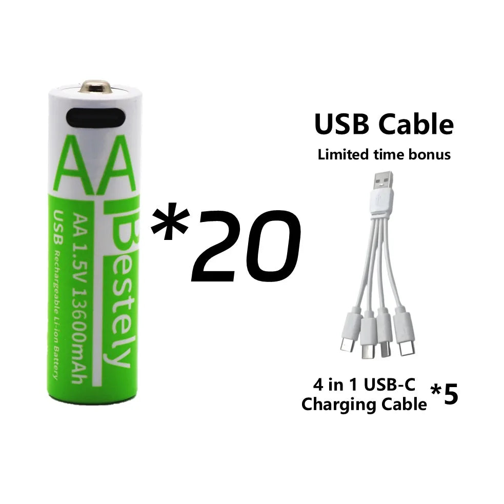 Rechargeable AA Battery13600mAh & AAA Battery 6800mAh,Li-ion Batteries with USB Type C Cables,1.5V Long Life Low Self-discharge