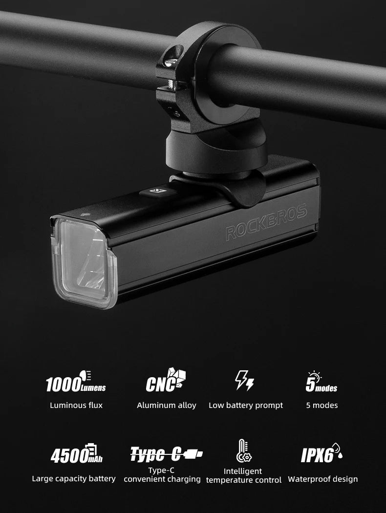 ROCKBROS 1000 Lumen Bike Light 4500mAh Bike Lamp modes Bicycle Headlight LED Flashlight Bike Accessories