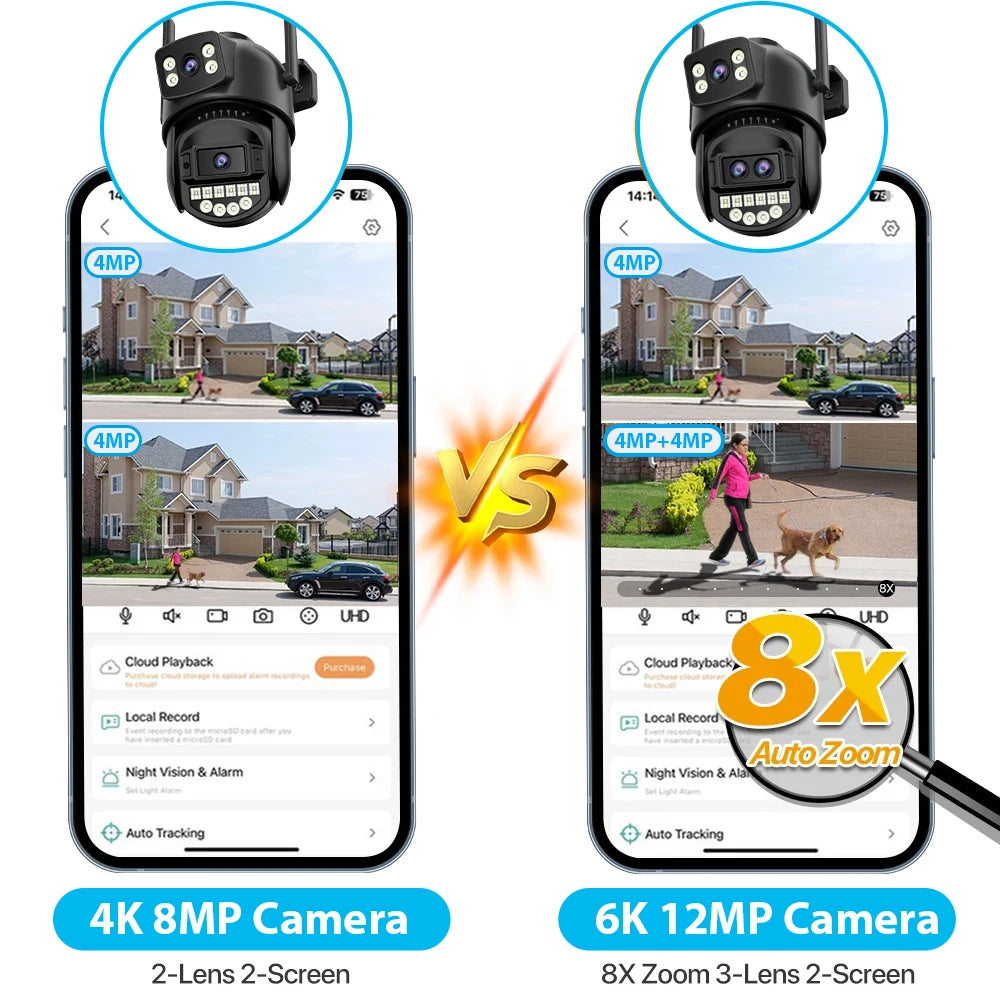 6K 12MP Outdoor Wifi Camera PTZ 8X Optical Zoom Three Lens Dual Screens Video Surveillance 8MP Dual Lens CCTV Security IP Camera