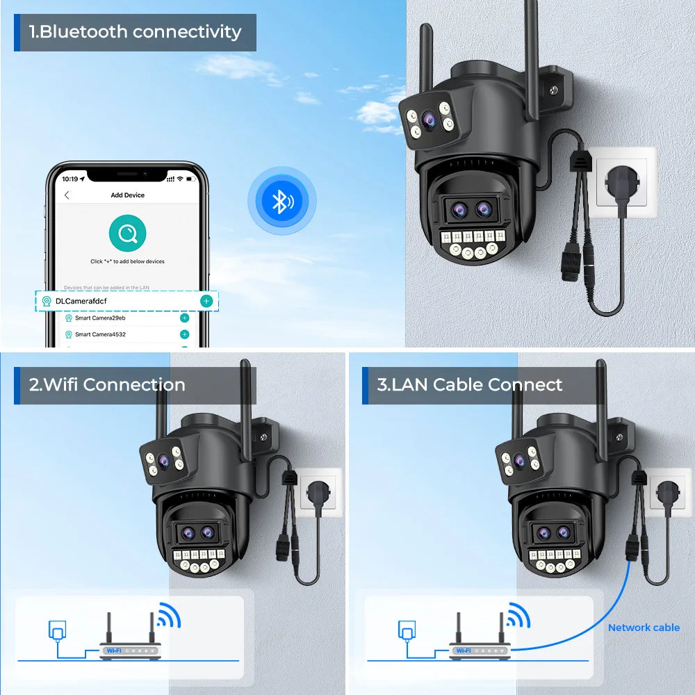 6K 12MP Outdoor Wifi Camera PTZ 8X Optical Zoom Three Lens Dual Screens Video Surveillance 8MP Dual Lens CCTV Security IP Camera