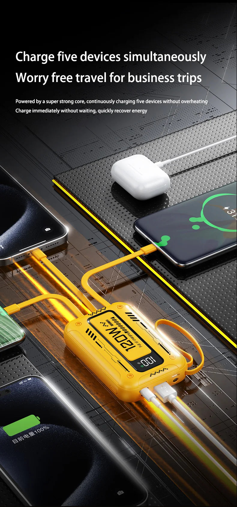 50000mAh Mech Wind Bidirectional Super Fast Charging Mini Convenient Comes With Cable Power Bank PD22.5W Mobile Power Bank