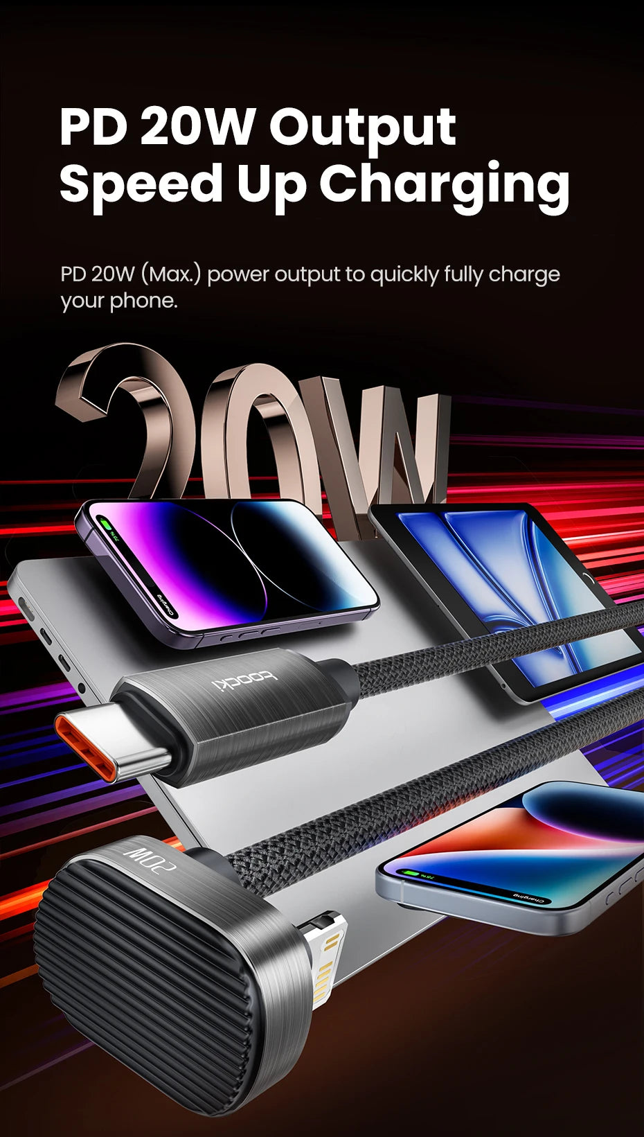 Toocki X97C1 PD20W Fast Charging iP Cable for iPhone 14 USB C to Elbow U-shaped Lighting Cable without Blocking Hands for Gaming