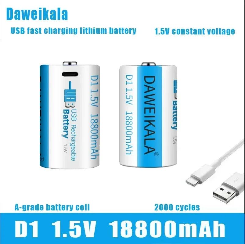 Daweikala 1.5V 18800mAh C-Type USB Rechargeable D1 Lipo LR20 Lithium Polymer Battery - Fast Charging via USB-C Cable, High Capac