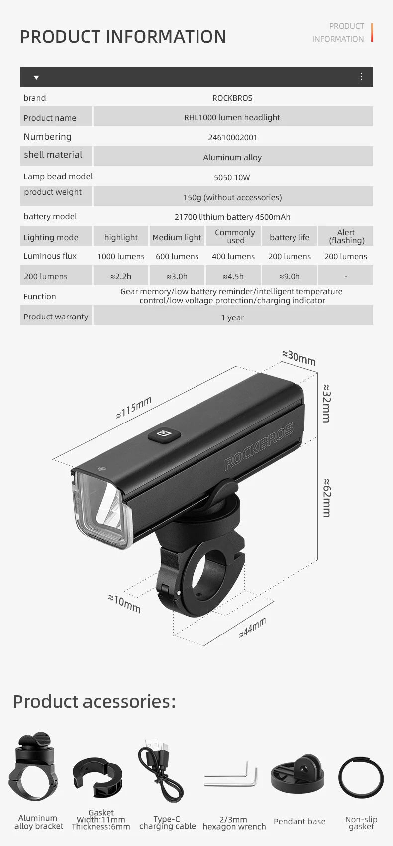 ROCKBROS 1000 Lumen Bike Light 4500mAh Bike Lamp modes Bicycle Headlight LED Flashlight Bike Accessories