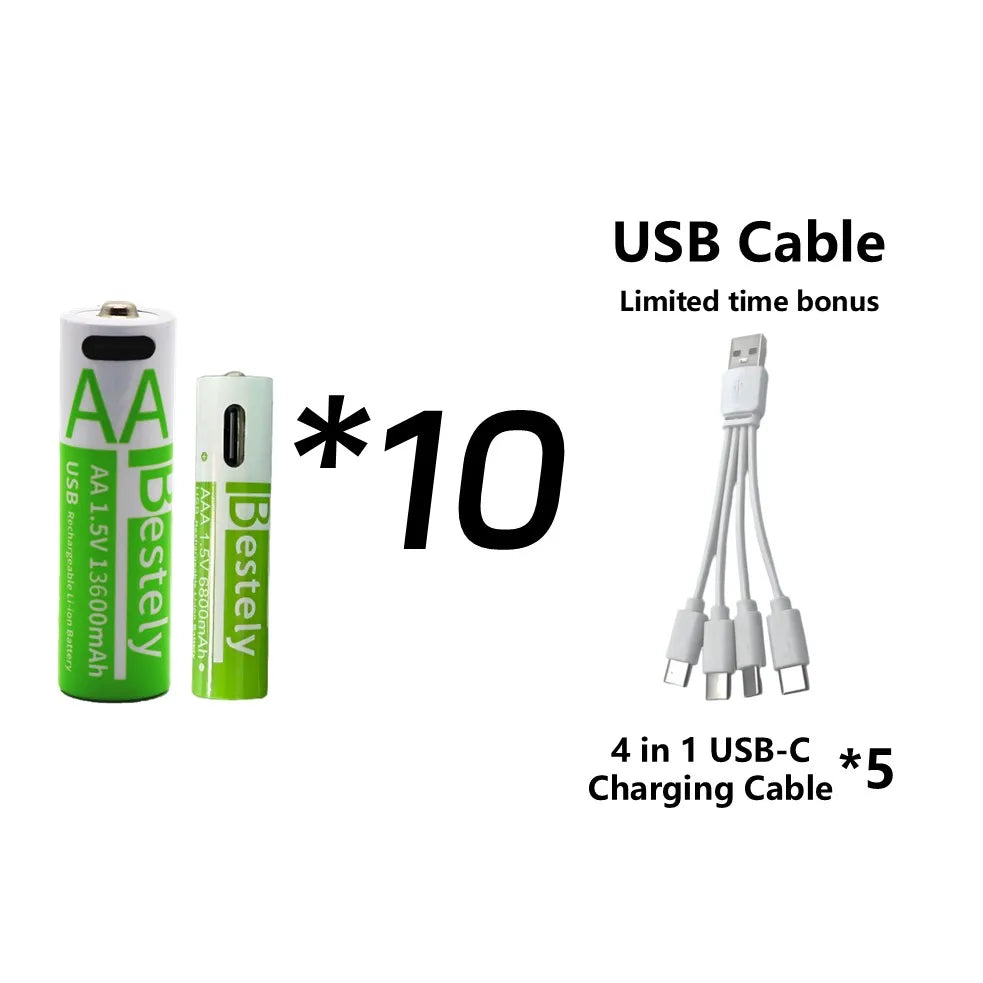 Rechargeable AA Battery13600mAh & AAA Battery 6800mAh,Li-ion Batteries with USB Type C Cables,1.5V Long Life Low Self-discharge