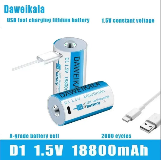 Daweikala 1.5V 18800mAh C-Type USB Rechargeable D1 Lipo LR20 Lithium Polymer Battery - Fast Charging via USB-C Cable, High Capac
