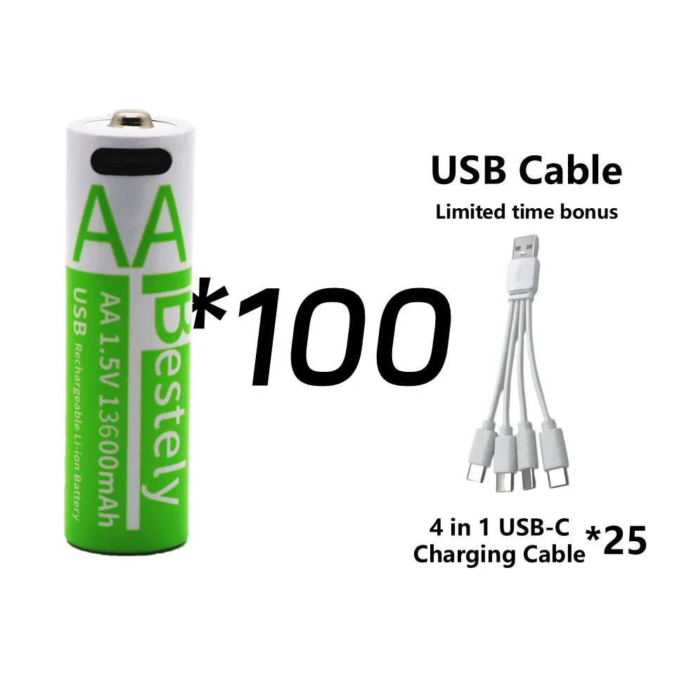 Rechargeable AA Battery13600mAh & AAA Battery 6800mAh,Li-ion Batteries with USB Type C Cables,1.5V Long Life Low Self-discharge