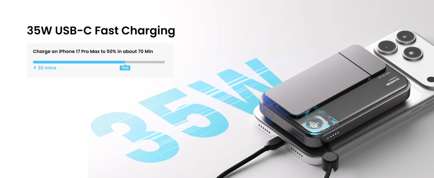 SHARGE Qi 2.2 25W Power Bank Wireless Fast Charge 10000mAh Type C Cable for MagSafe Portable Charger External Battery