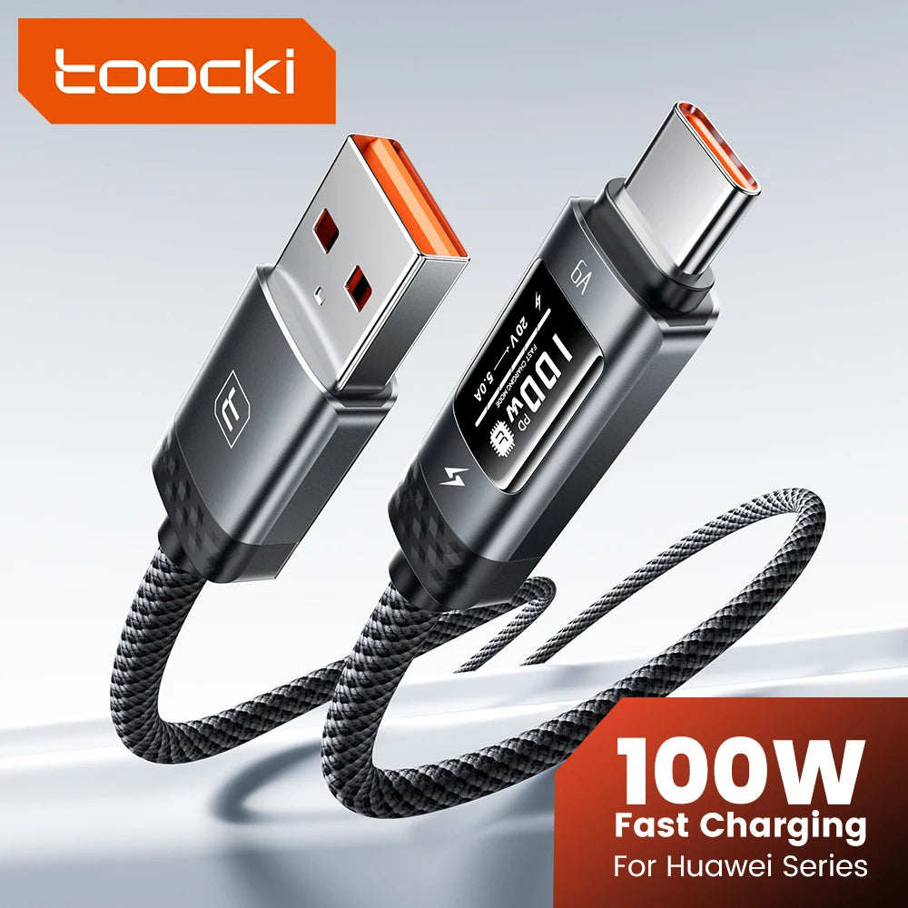Toocki PD 100W USB C Cable 6A Fast Charging OLED Digital Display Cable For Huawei P70 60 Mate 70 60 Honor Xiaomi iPhone 17 16Pro