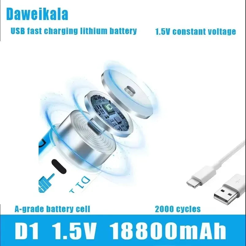 Daweikala 1.5V 18800mAh C-Type USB Rechargeable D1 Lipo LR20 Lithium Polymer Battery - Fast Charging via USB-C Cable, High Capac
