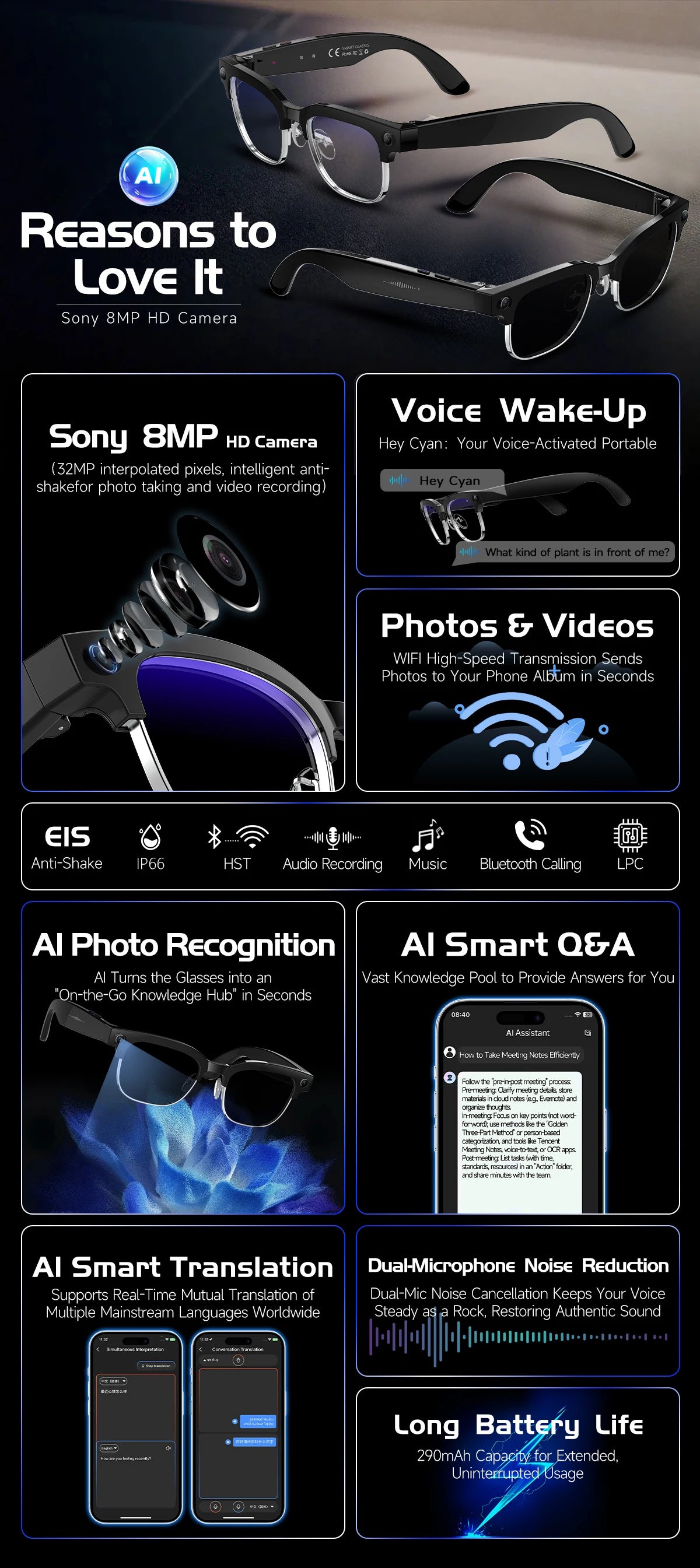 2026 New AI Smart Glasses 4K 8MP HD Camera Video 1080P 100+ Languages Translation WiFi Sunglasses Bluetooth Call Music Men Women