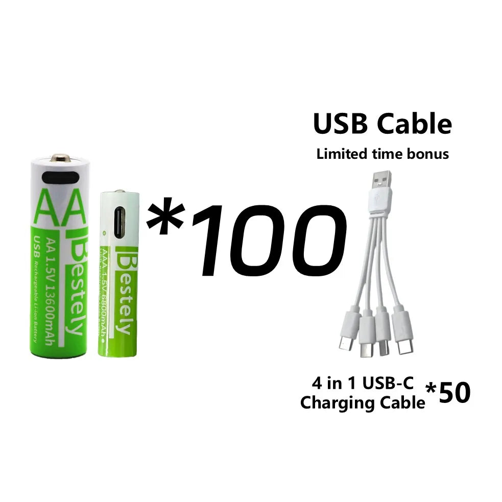 Rechargeable AA Battery13600mAh & AAA Battery 6800mAh,Li-ion Batteries with USB Type C Cables,1.5V Long Life Low Self-discharge