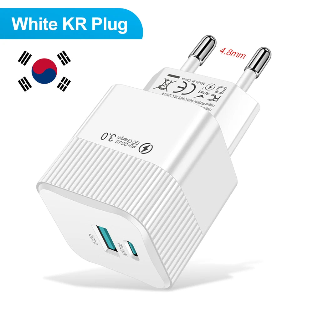 2 Ports PD 25W USB C Fast Charger KR EU Mini Travel Plug Phone Fast Charging Adapter for iPhone 15 Pro Max Oneplus