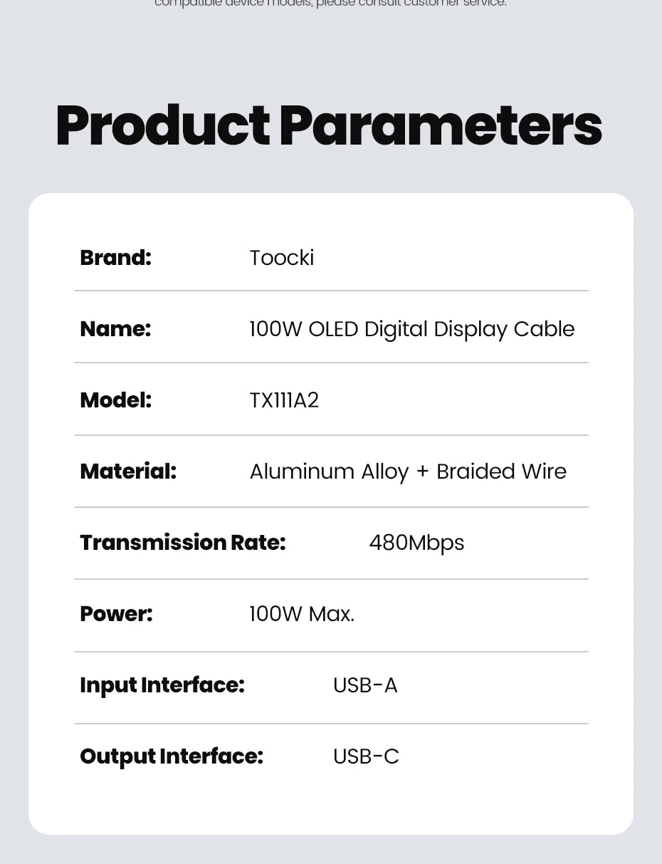 Toocki PD 100W USB C Cable 6A Fast Charging OLED Digital Display Cable For Huawei P70 60 Mate 70 60 Honor Xiaomi iPhone 17 16Pro