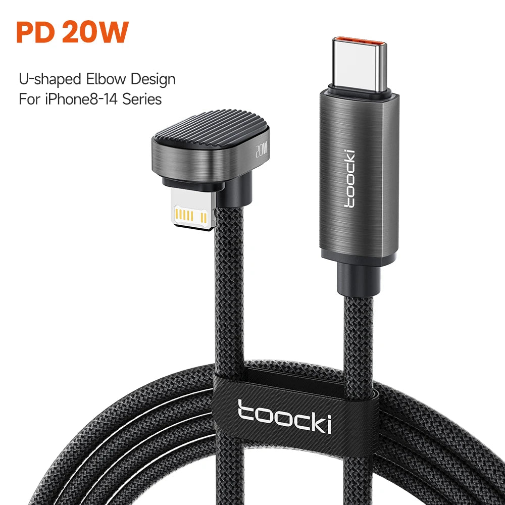 Toocki X97C1 PD20W Fast Charging iP Cable for iPhone 14 USB C to Elbow U-shaped Lighting Cable without Blocking Hands for Gaming
