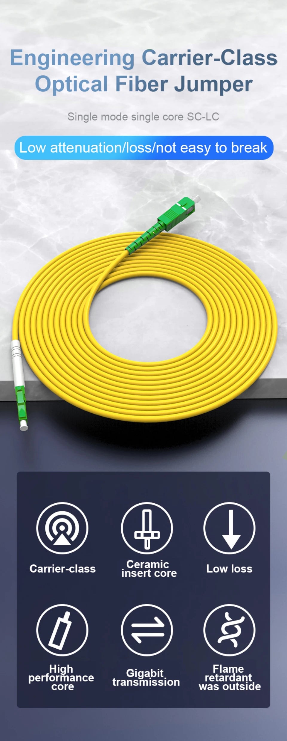 ONTi 0.5-100m SC/APC-LC/APC Fiber Optic Patch Cord 2.0mm SingleMode OS2 Optical Cable SM Simplex Fiber Optic Jumper FTTH