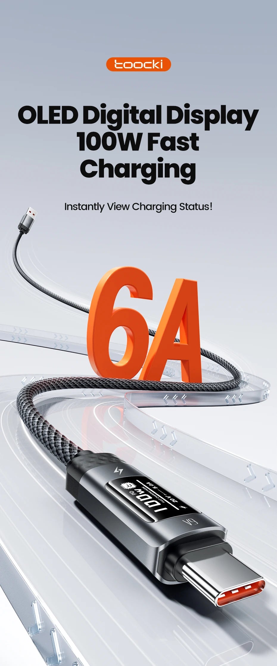 Toocki PD 100W USB C Cable 6A Fast Charging OLED Digital Display Cable For Huawei P70 60 Mate 70 60 Honor Xiaomi iPhone 17 16Pro