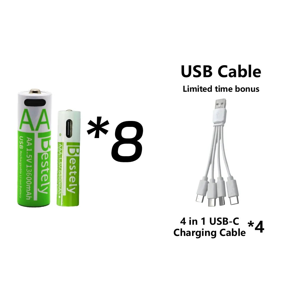 Rechargeable AA Battery13600mAh & AAA Battery 6800mAh,Li-ion Batteries with USB Type C Cables,1.5V Long Life Low Self-discharge