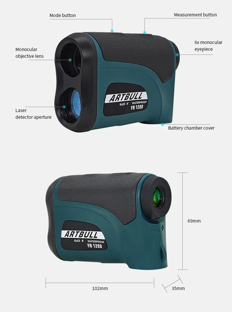 ARTBULL Laser Rangefinder Hunting Outdoor 1200M Golf Rangefinder with Flag-Lock Slope Adjusted Distance Meter