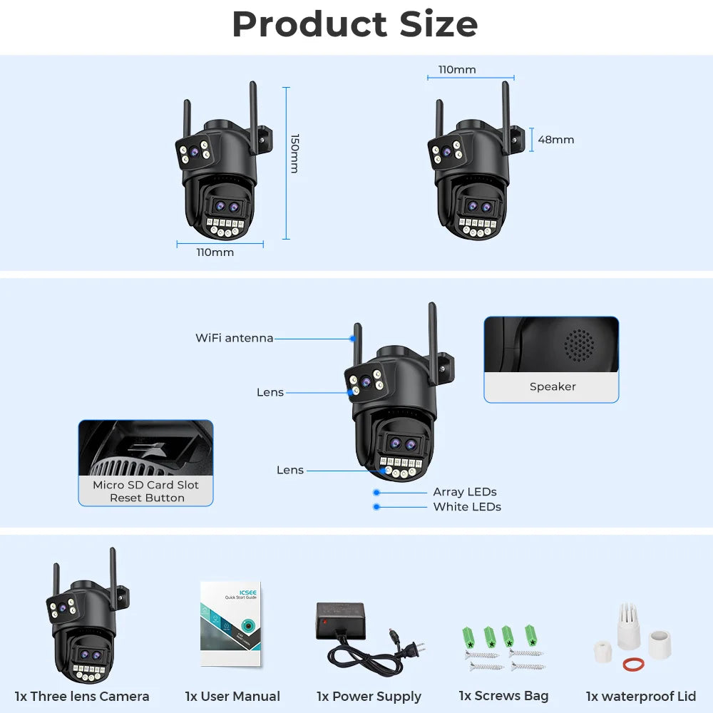 6K 12MP Outdoor Wifi Camera PTZ 8X Optical Zoom Three Lens Dual Screens Video Surveillance 8MP Dual Lens CCTV Security IP Camera