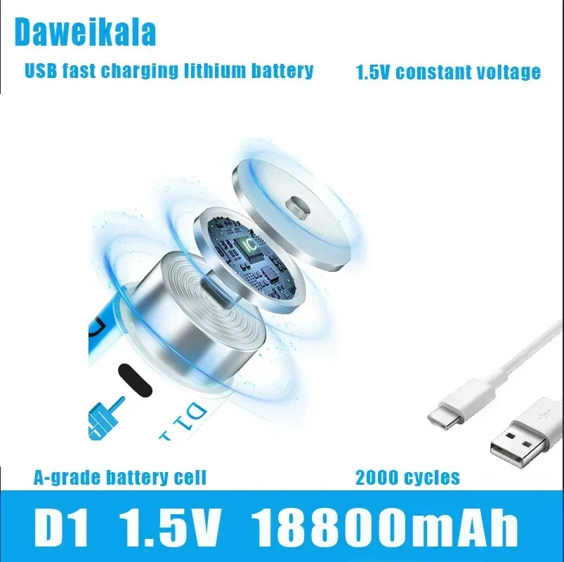 Daweikala 1.5V 18800mAh C-Type USB Rechargeable D1 Lipo LR20 Lithium Polymer Battery - Fast Charging via USB-C Cable, High Capac