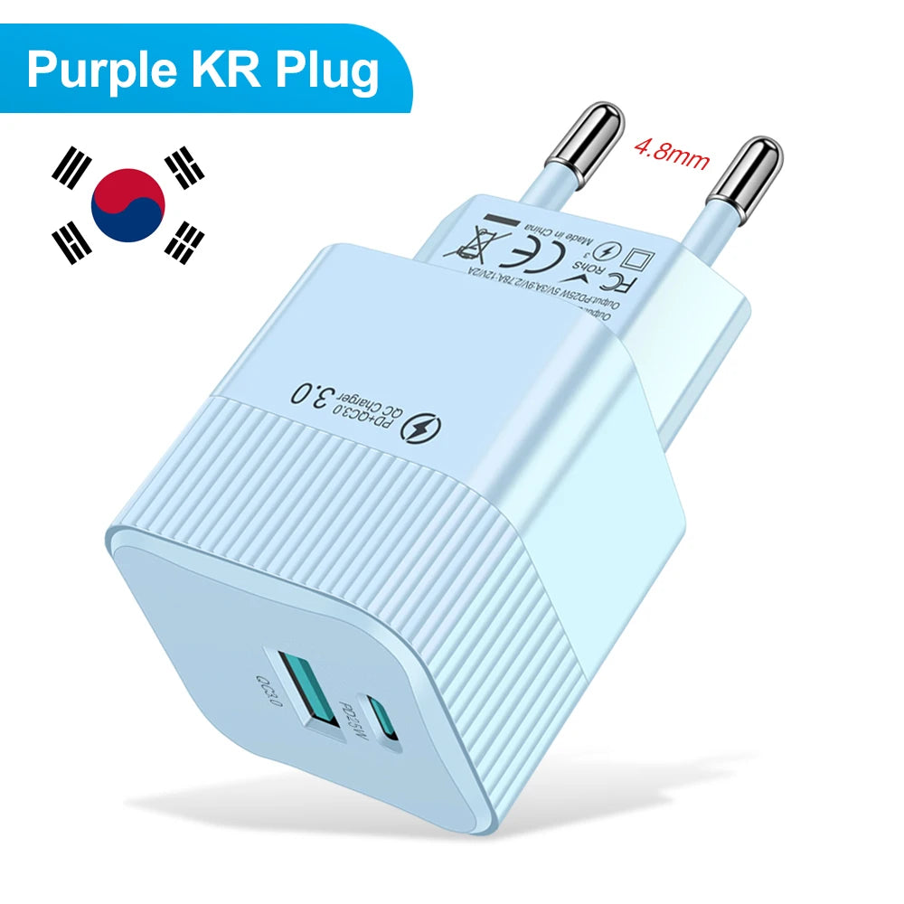 2 Ports PD 25W USB C Fast Charger KR EU Mini Travel Plug Phone Fast Charging Adapter for iPhone 15 Pro Max Oneplus