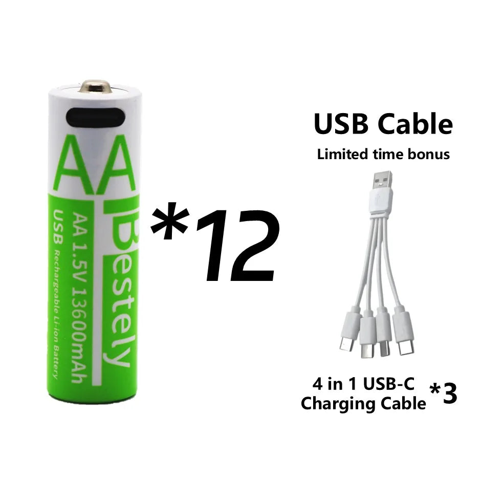 Rechargeable AA Battery13600mAh & AAA Battery 6800mAh,Li-ion Batteries with USB Type C Cables,1.5V Long Life Low Self-discharge