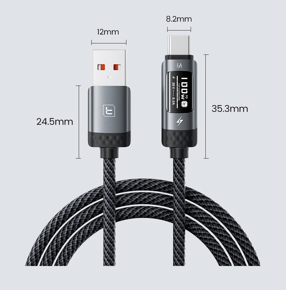 Toocki PD 100W USB C Cable 6A Fast Charging OLED Digital Display Cable For Huawei P70 60 Mate 70 60 Honor Xiaomi iPhone 17 16Pro