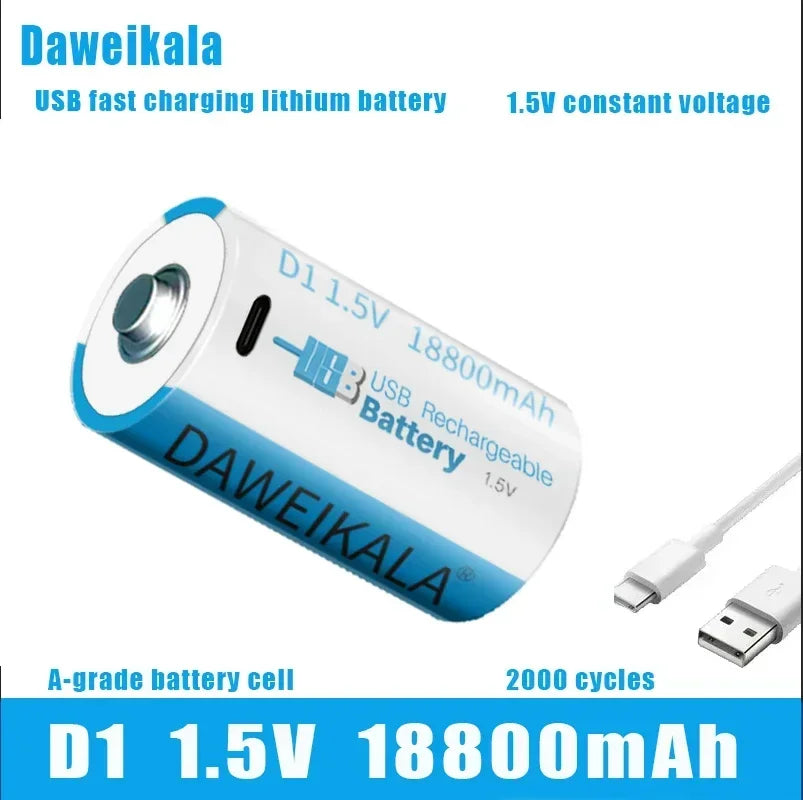 Daweikala 1.5V 18800mAh C-Type USB Rechargeable D1 Lipo LR20 Lithium Polymer Battery - Fast Charging via USB-C Cable, High Capac