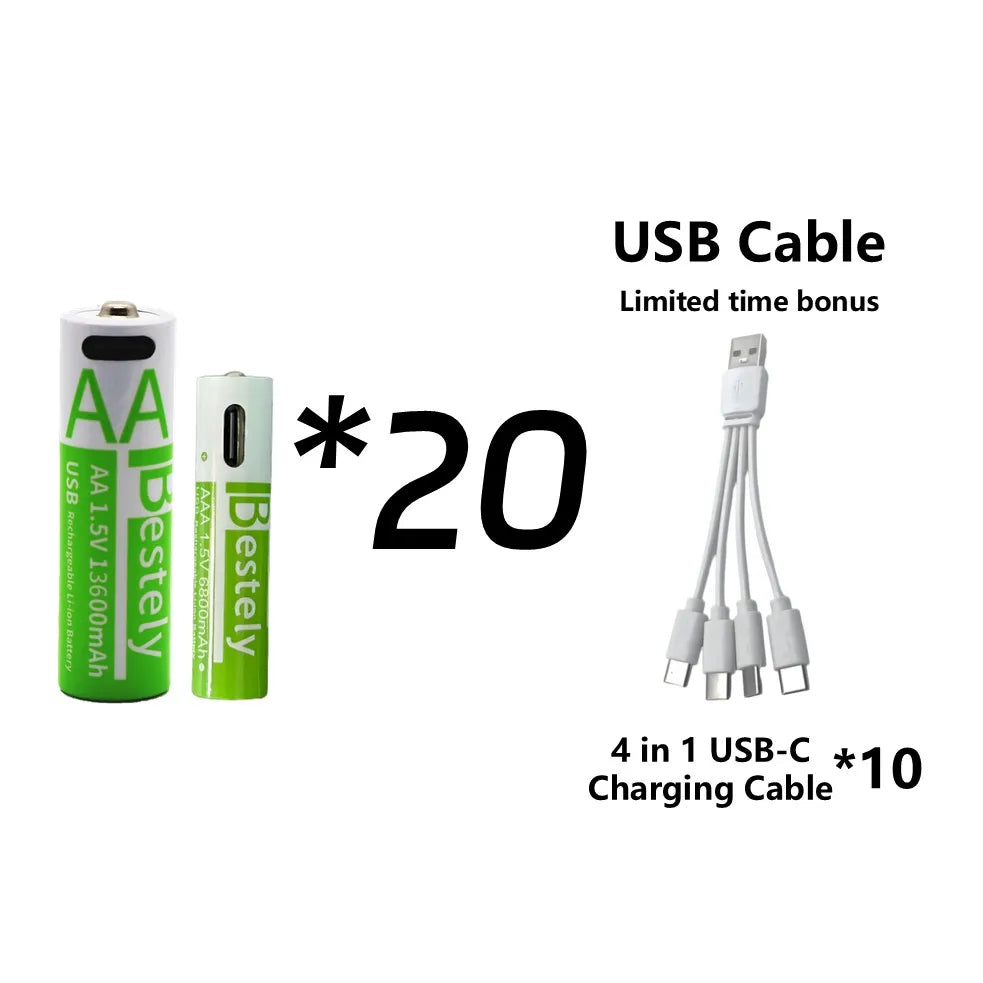 Rechargeable AA Battery13600mAh & AAA Battery 6800mAh,Li-ion Batteries with USB Type C Cables,1.5V Long Life Low Self-discharge