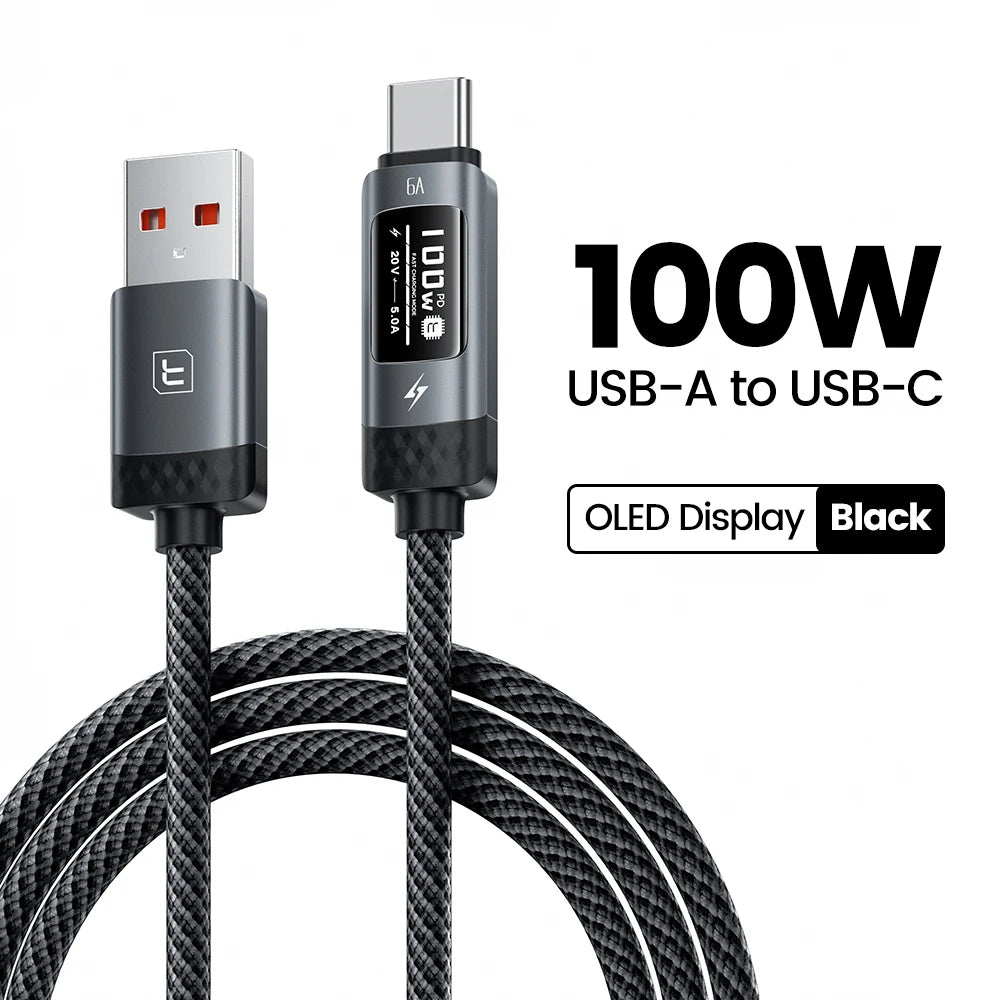 Toocki PD 100W USB C Cable 6A Fast Charging OLED Digital Display Cable For Huawei P70 60 Mate 70 60 Honor Xiaomi iPhone 17 16Pro