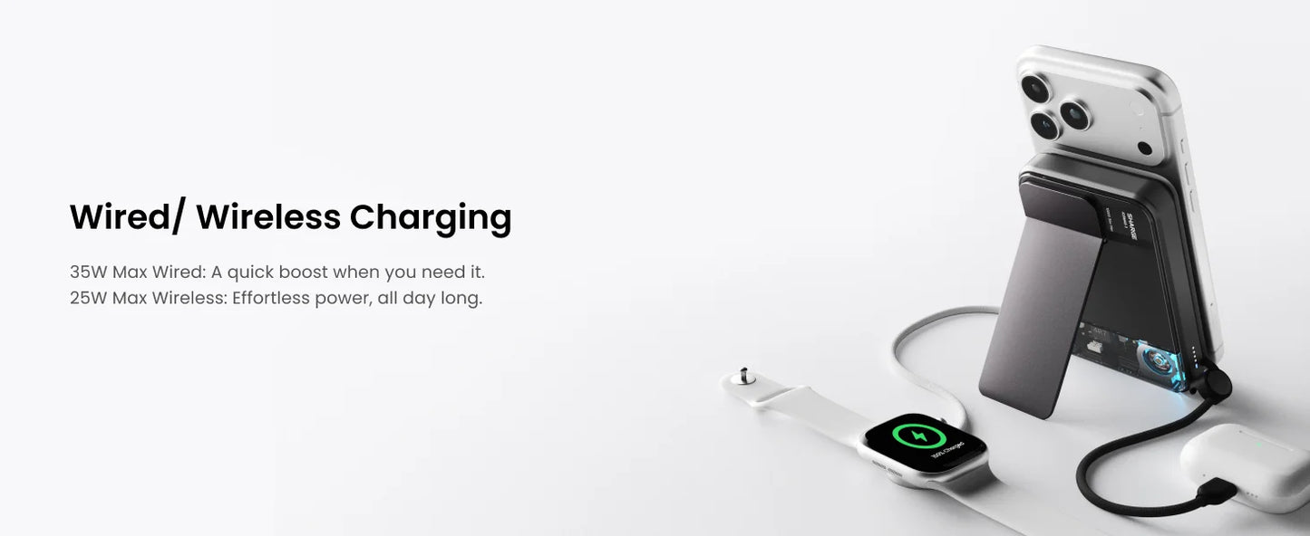 SHARGE Qi 2.2 25W Power Bank Wireless Fast Charge 10000mAh Type C Cable for MagSafe Portable Charger External Battery