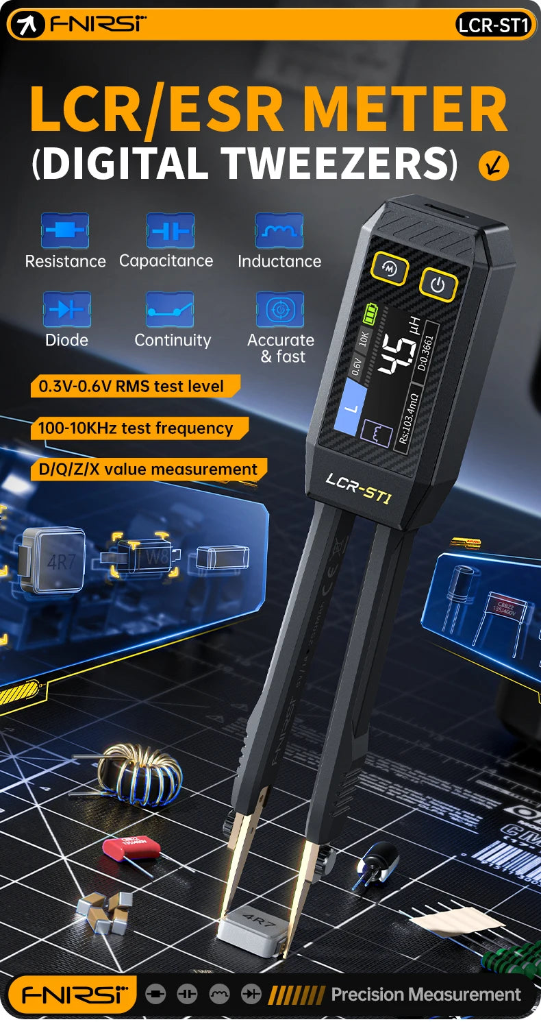FNIRSI LCR-ST1 Mini Smart Tweezer LCR SMD ESR Tester Resistance Capacitance Inductance Continuity Diode Test Measurement Tools