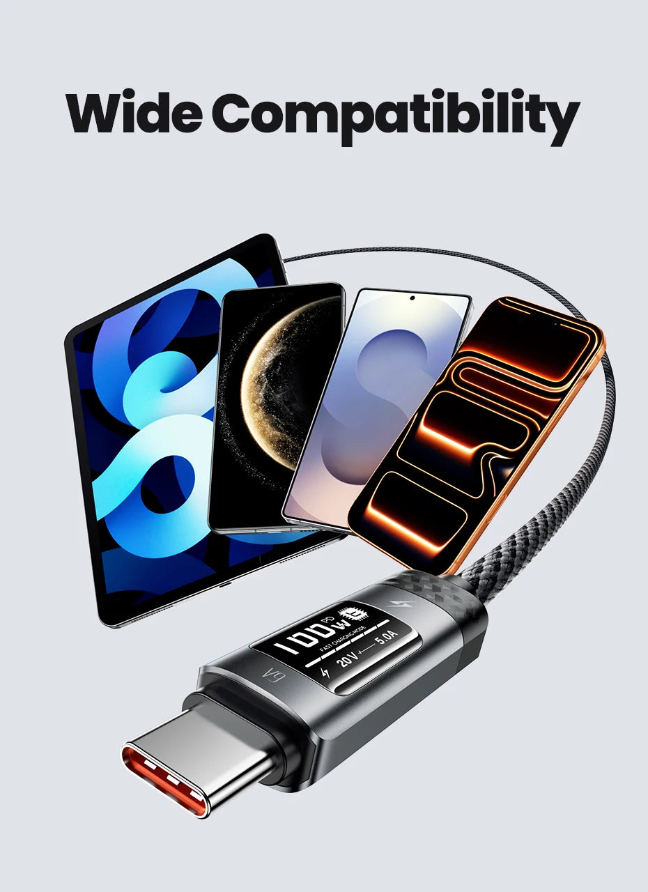 Toocki PD 100W USB C Cable 6A Fast Charging OLED Digital Display Cable For Huawei P70 60 Mate 70 60 Honor Xiaomi iPhone 17 16Pro
