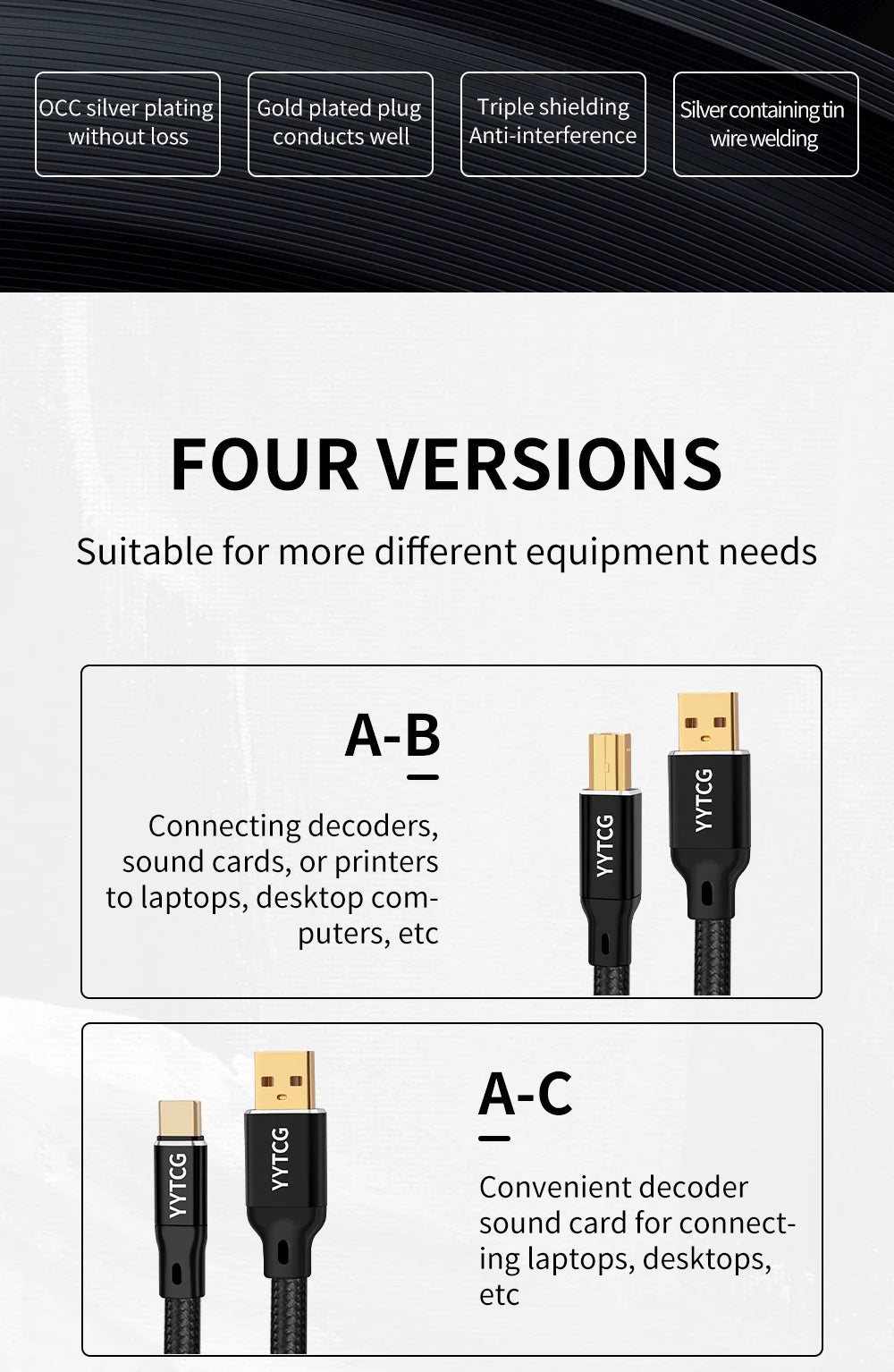 YYTCG Hifi USB Cable High Quality OCC Silver Plating DAC A-B C-B C-C Digital AB Audio Type A to Type B Hifi Usb Typec Cable