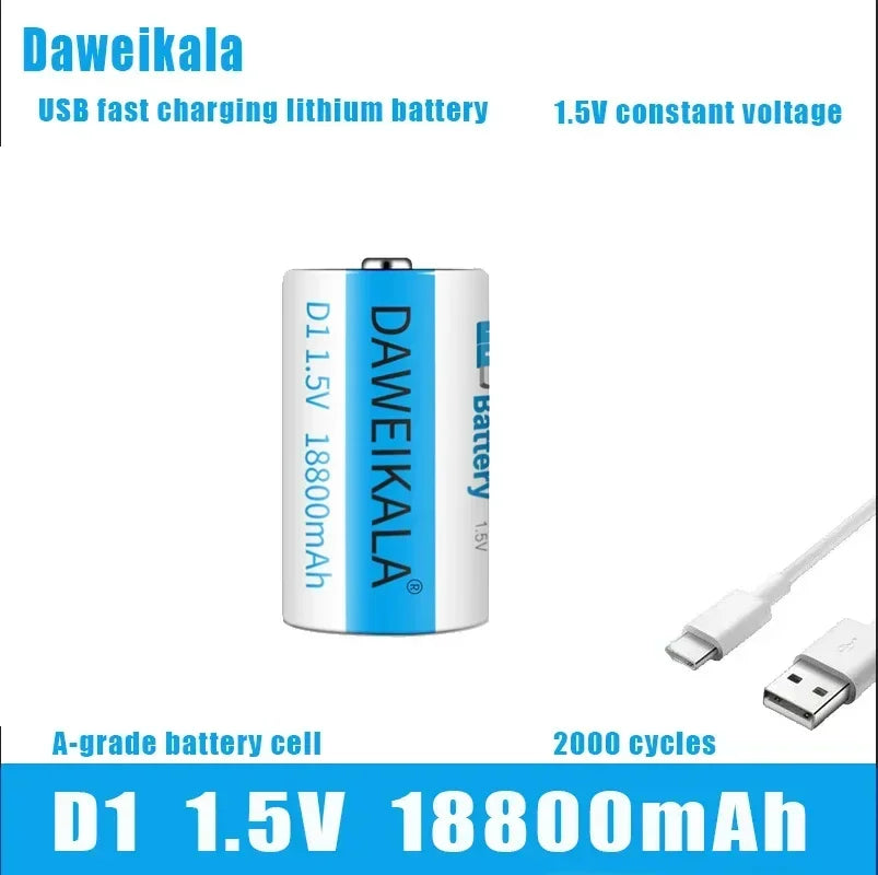 Daweikala 1.5V 18800mAh C-Type USB Rechargeable D1 Lipo LR20 Lithium Polymer Battery - Fast Charging via USB-C Cable, High Capac
