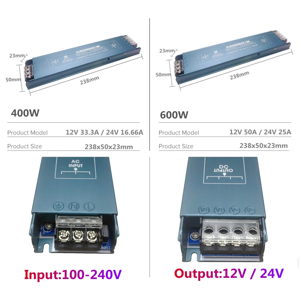 LED Power Supply AC110V 220V To DC12V 24V 100W 150W 200W 300W 400W 600W Mini Size Ultra Thin Mute Dustproof Lighting Transformer