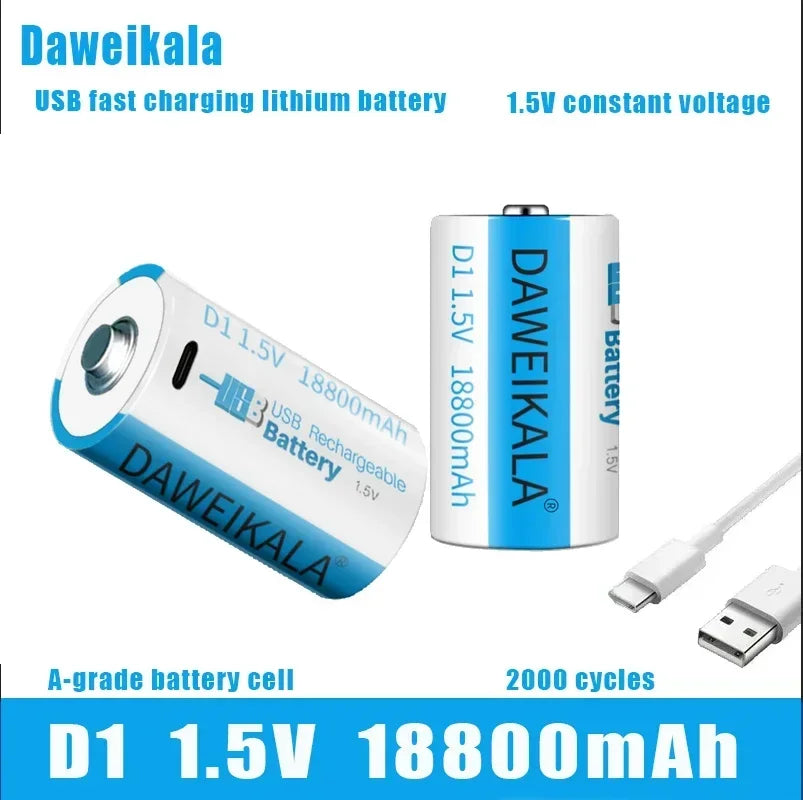 Daweikala 1.5V 18800mAh C-Type USB Rechargeable D1 Lipo LR20 Lithium Polymer Battery - Fast Charging via USB-C Cable, High Capac