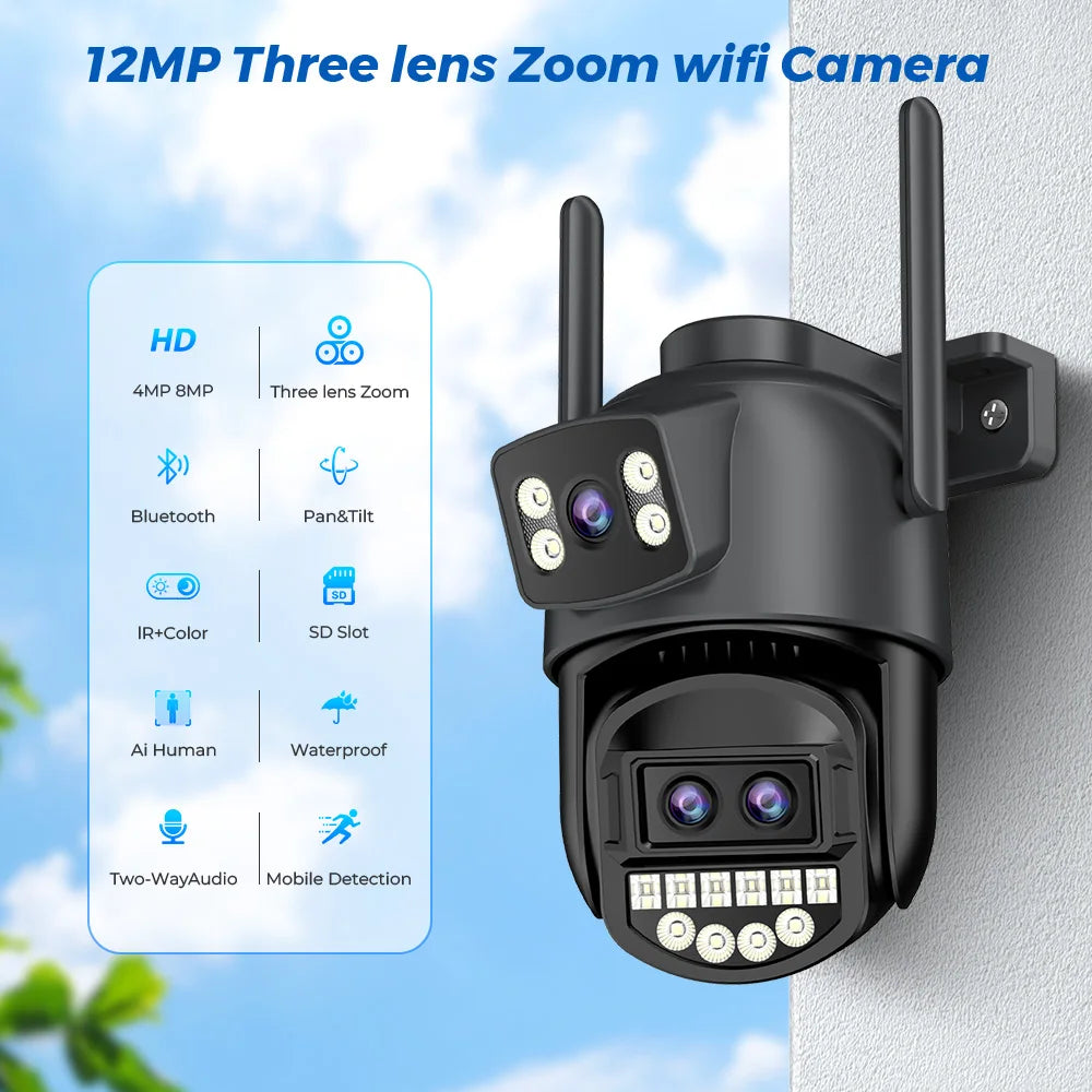 6K 12MP Outdoor Wifi Camera PTZ 8X Optical Zoom Three Lens Dual Screens Video Surveillance 8MP Dual Lens CCTV Security IP Camera