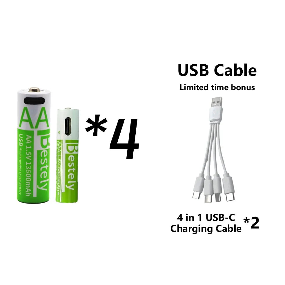 Rechargeable AA Battery13600mAh & AAA Battery 6800mAh,Li-ion Batteries with USB Type C Cables,1.5V Long Life Low Self-discharge