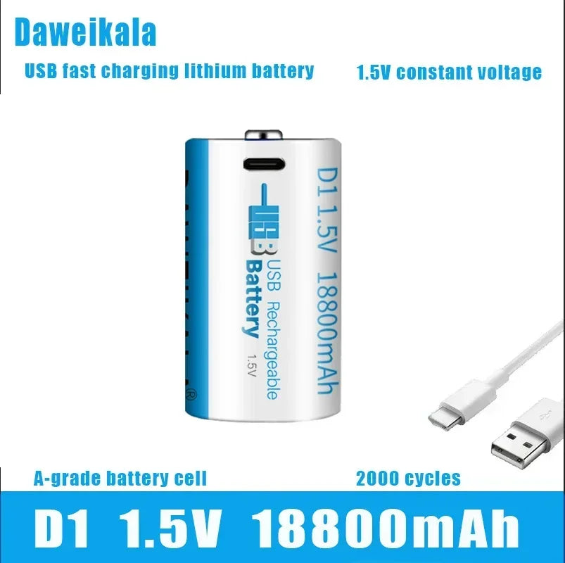 Daweikala 1.5V 18800mAh C-Type USB Rechargeable D1 Lipo LR20 Lithium Polymer Battery - Fast Charging via USB-C Cable, High Capac