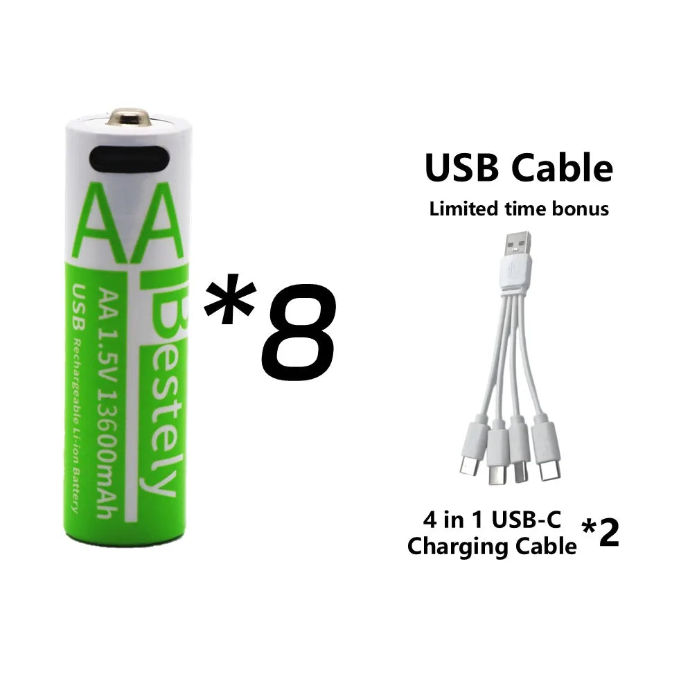 Rechargeable AA Battery13600mAh & AAA Battery 6800mAh,Li-ion Batteries with USB Type C Cables,1.5V Long Life Low Self-discharge